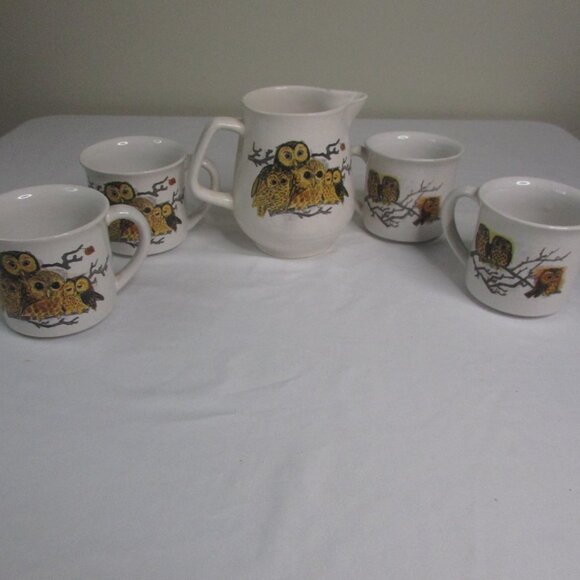 Enesco Tea Pot 4 Mug Set Owls Vintage - Picture 3 of 13